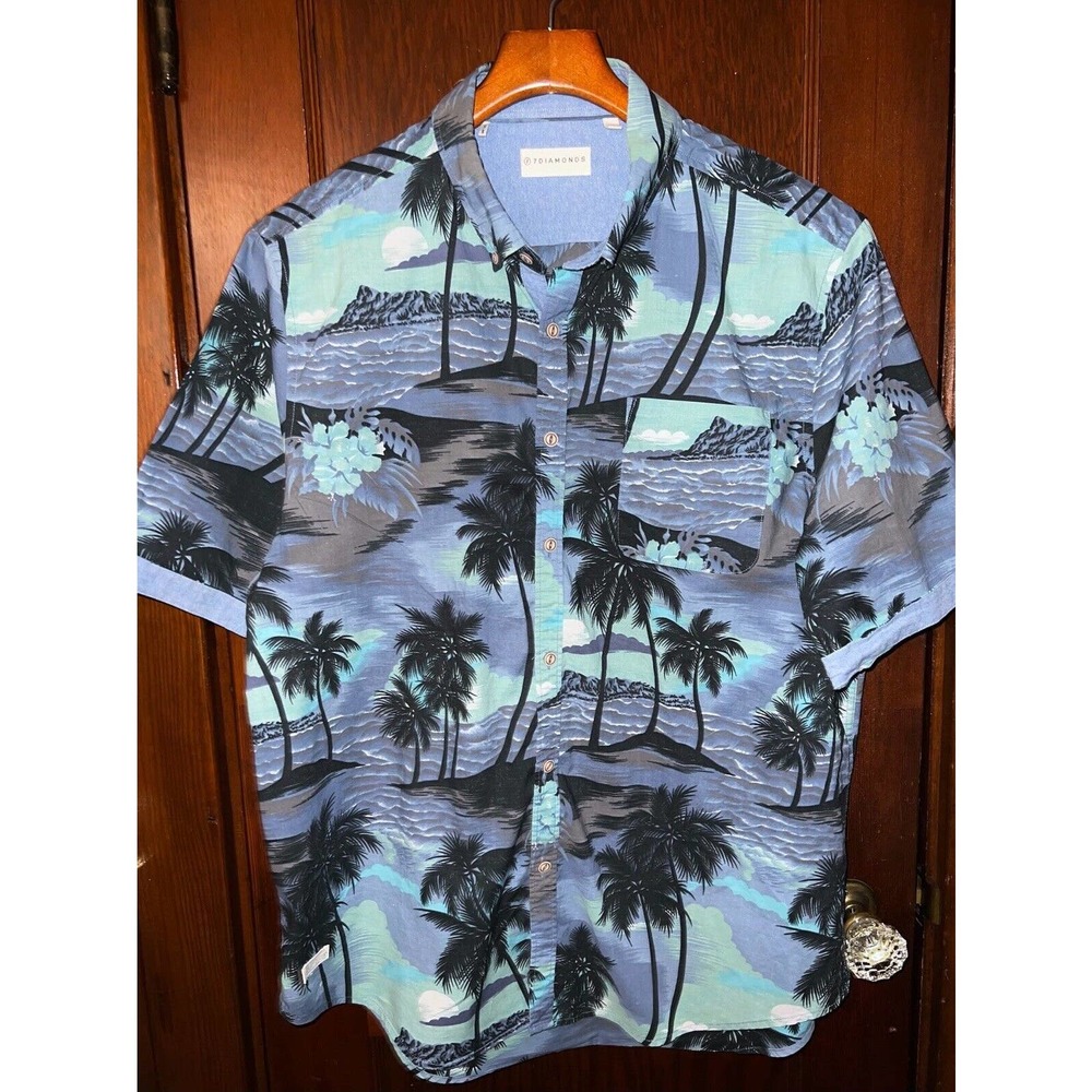 7 DIAMONDS SHIRT HAWAIIAN PALM OCEAN PRINT SHORT SLEEVE COTTON SLIM BLUE XL